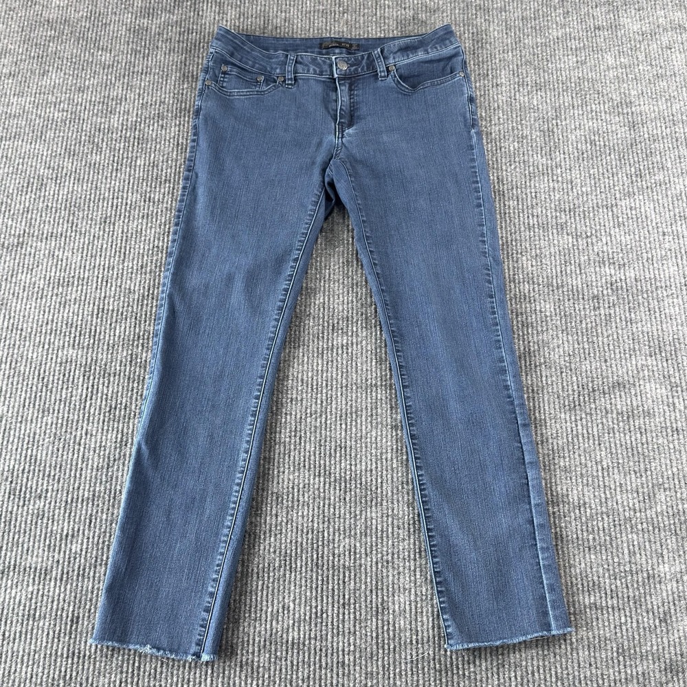 PrAna Straight Jeans Womens 8/29 Blue Medium Wash Mid Rise Stretch Fringe Hem